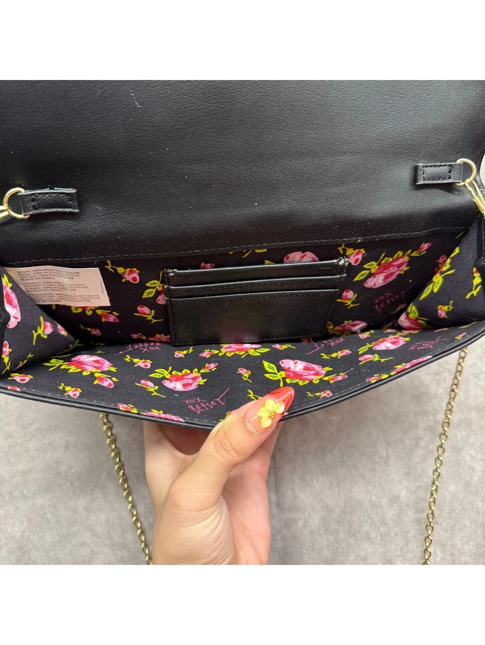 Betsey Johnson Black Faux Leather Front Bow Clutch Gold Chain Crossbody Bag